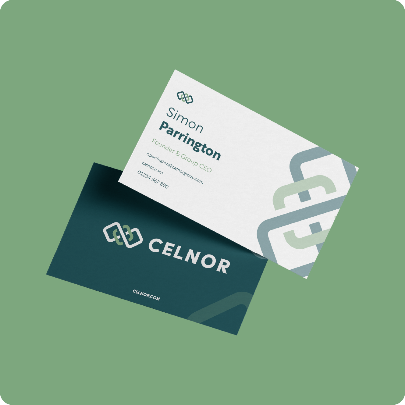 Two business cards for Simon Parrington, Founder & Group CEO of Celnor, on a green background