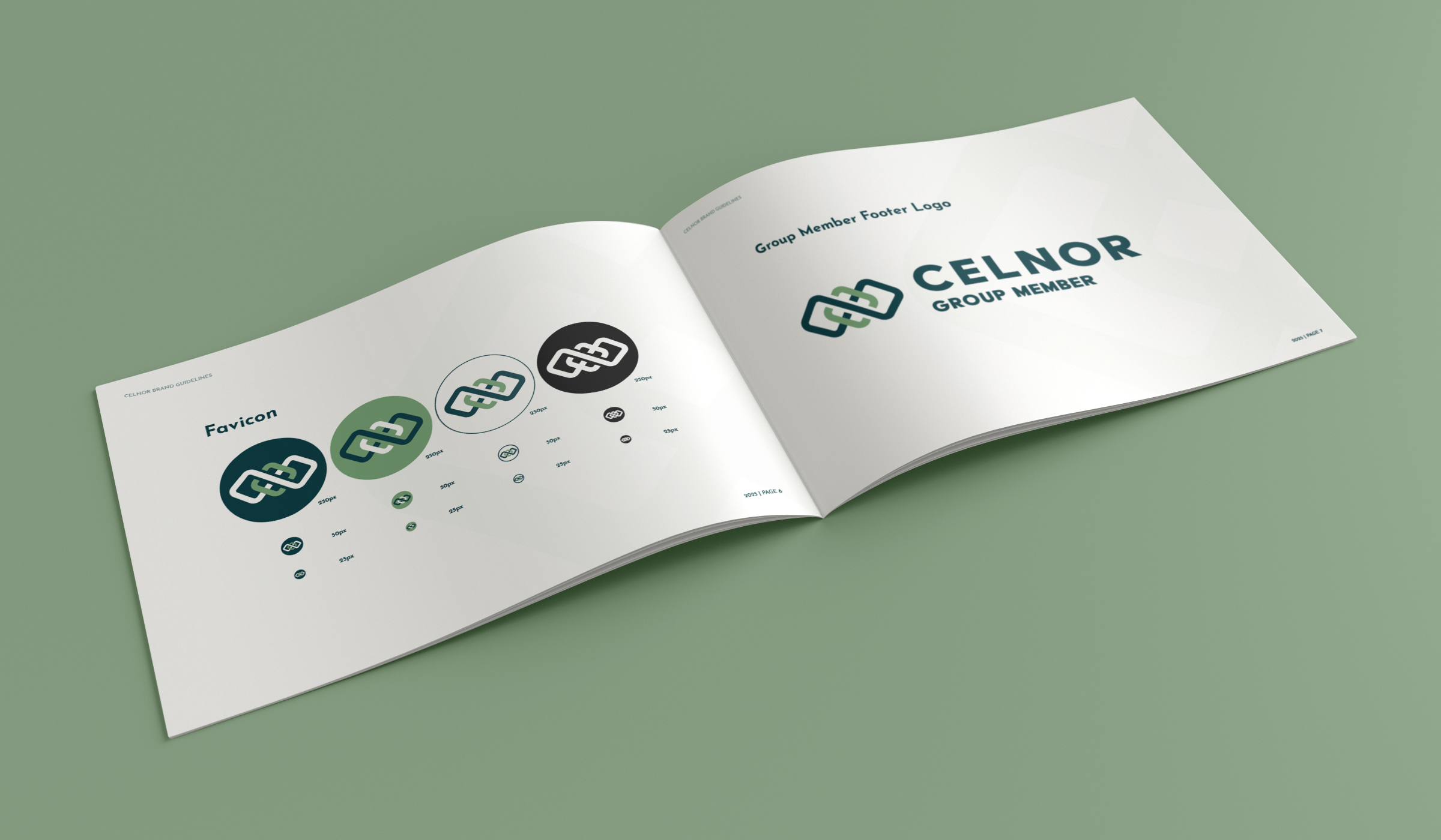 Open brand guideline booklet showing Celnor Group Member logo and favicon sizes