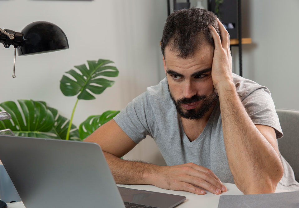 Man looking stressed and tired while working on a laptop
