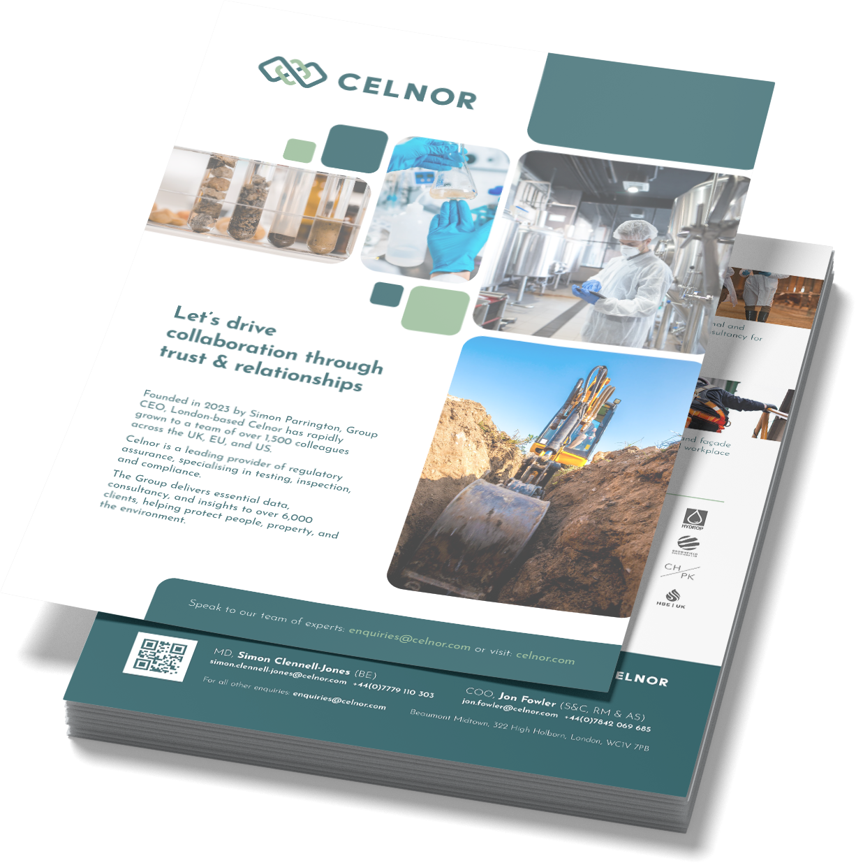 Celnor flyer with images of laboratory testing, industrial inspection, and excavation work