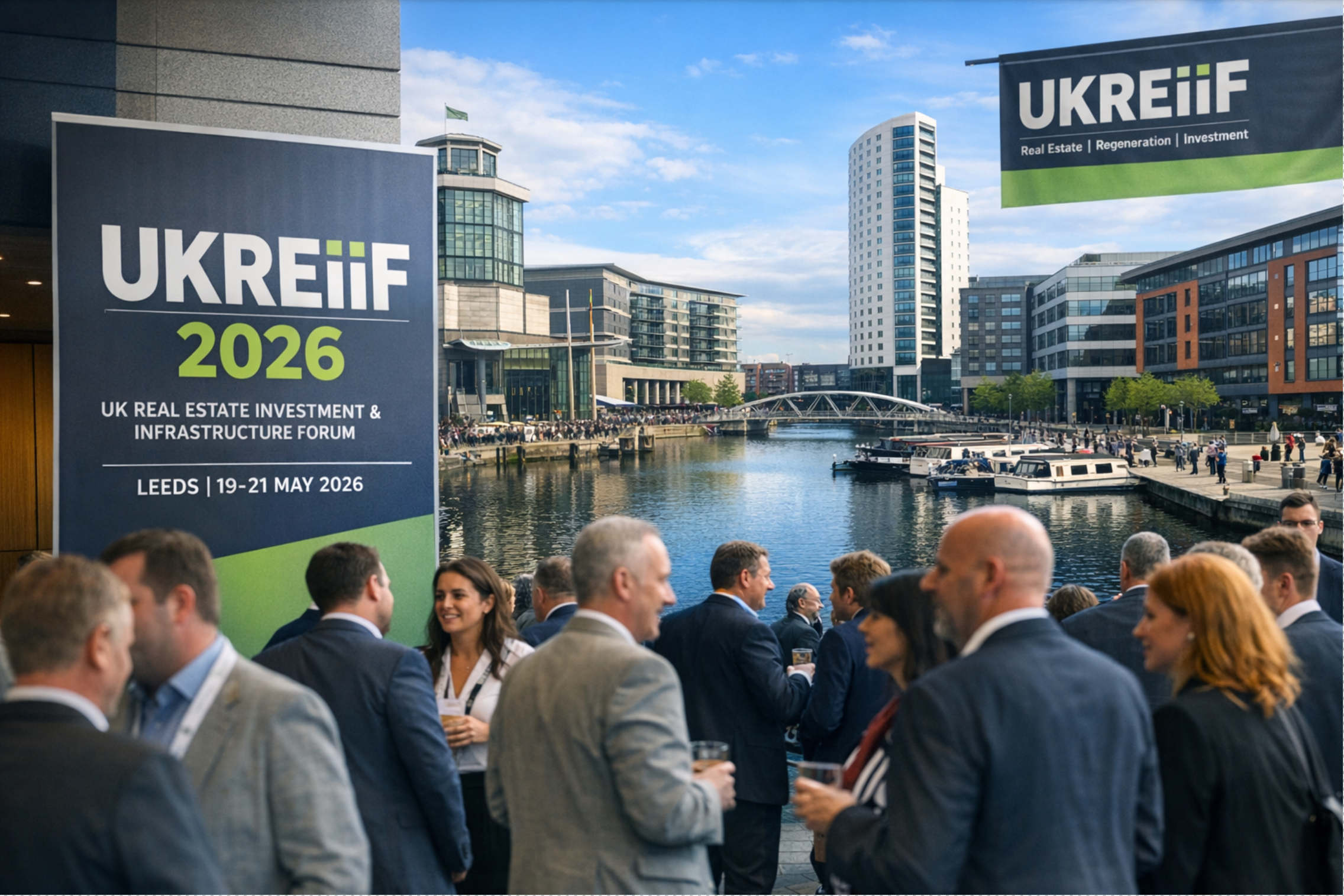 Attendees networking at UKREiiF 2026 event by waterfront in Leeds