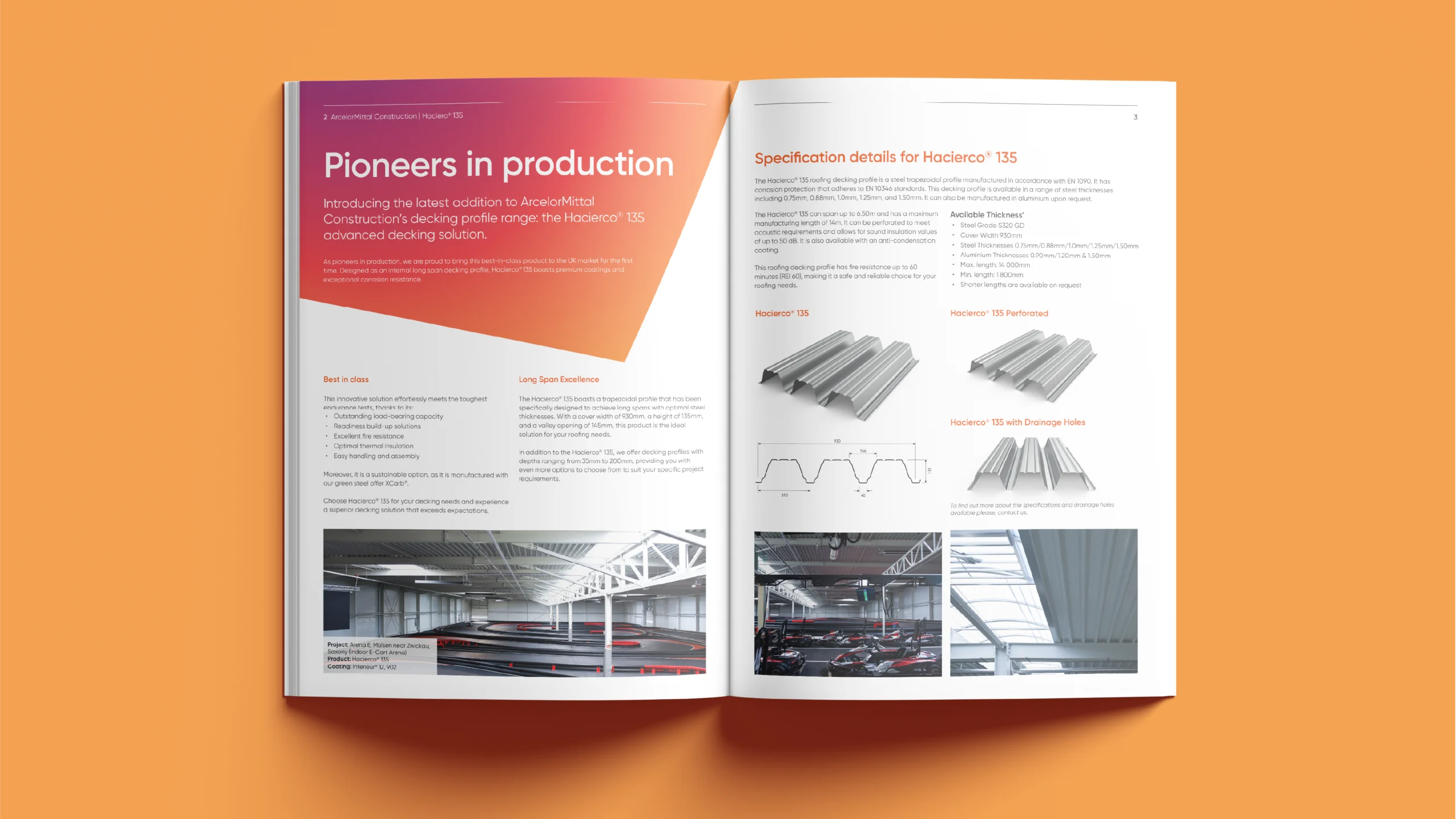 Open brochure showing ArcelorMittal Construction's Hacierco 135 decking profile details and images