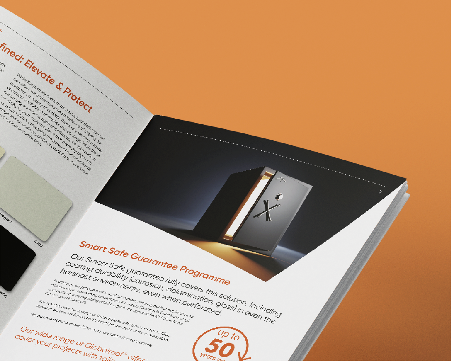 Open brochure showing Smart Safe Guarantee Programme details and a safe illustration