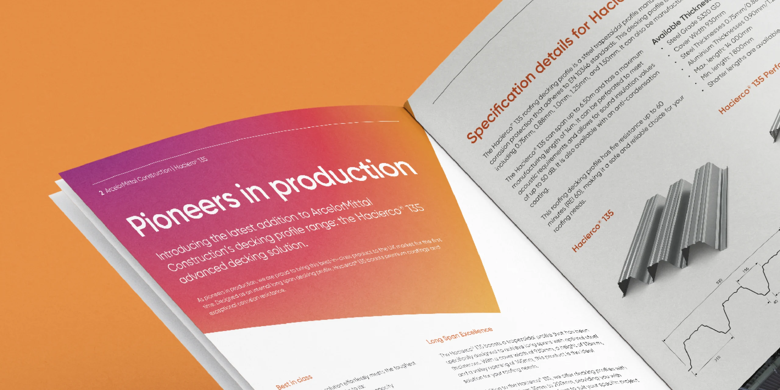 Open brochure displaying ArcelorMittal Hacierco 135 decking profile and specifications