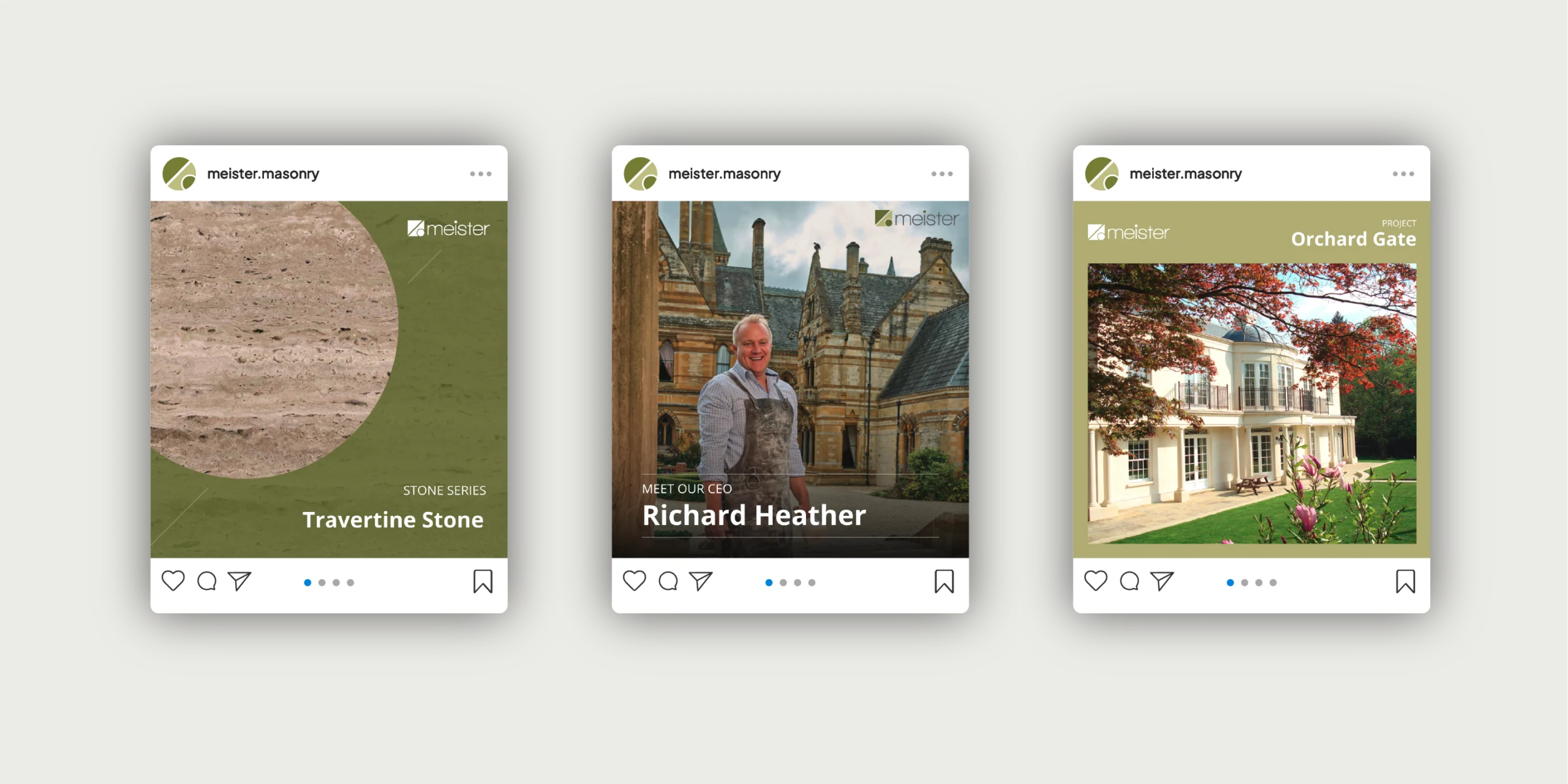 Three Instagram-style posts from meister.masonry featuring travertine stone, CEO Richard Heather, and Orchard Gate project