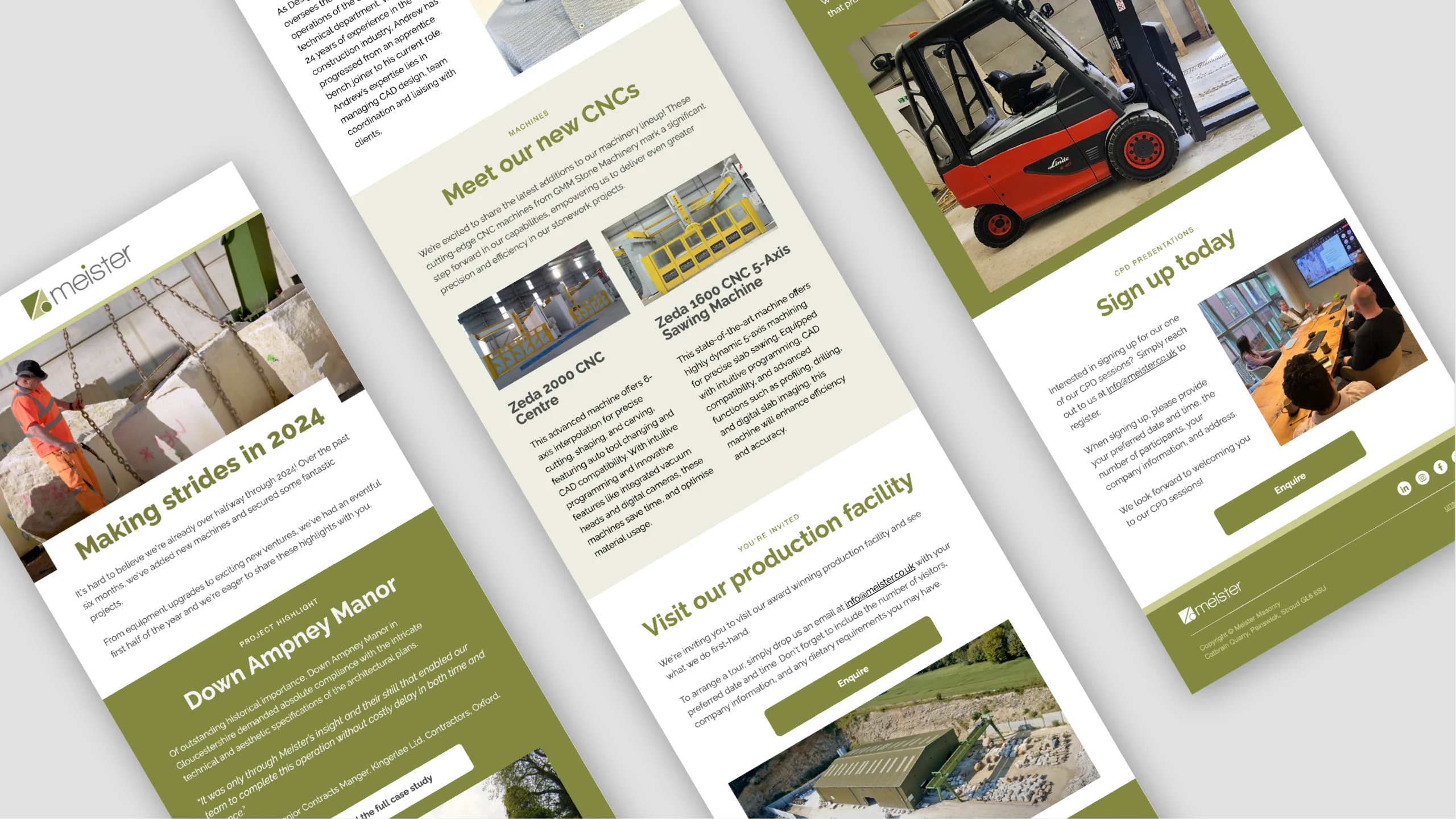 Three angled pages of a Meister newsletter featuring machinery, a forklift, and a meeting
