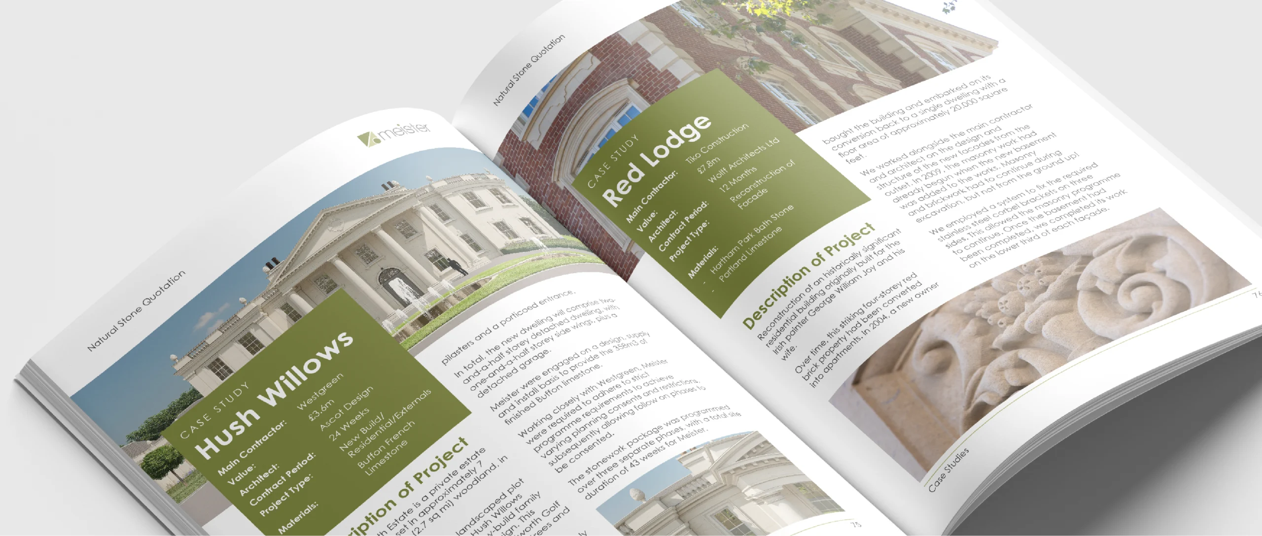 Open magazine showing case studies with architectural project details and stonework images