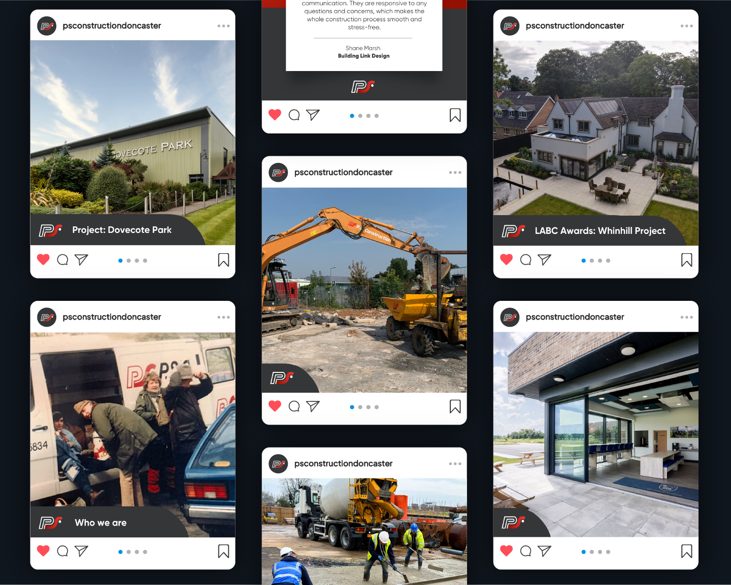 Instagram-style posts from psconstructiondoncaster showing construction projects and company history