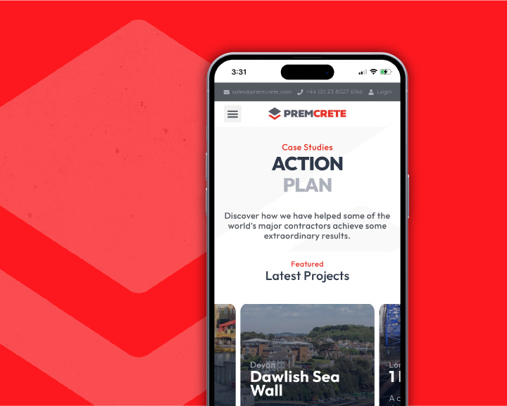 Smartphone displaying Premcrete website with case studies and latest projects