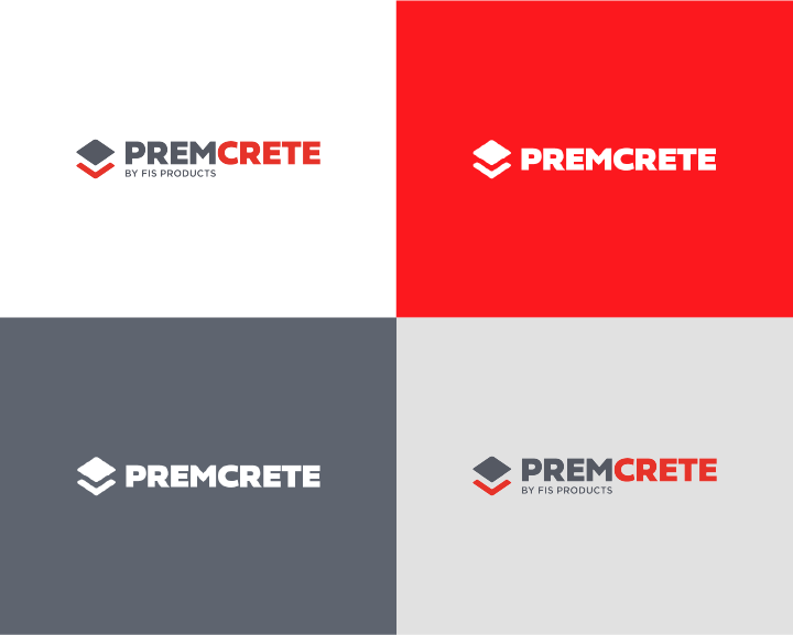 Premcrete logo variations in red, white, grey backgrounds