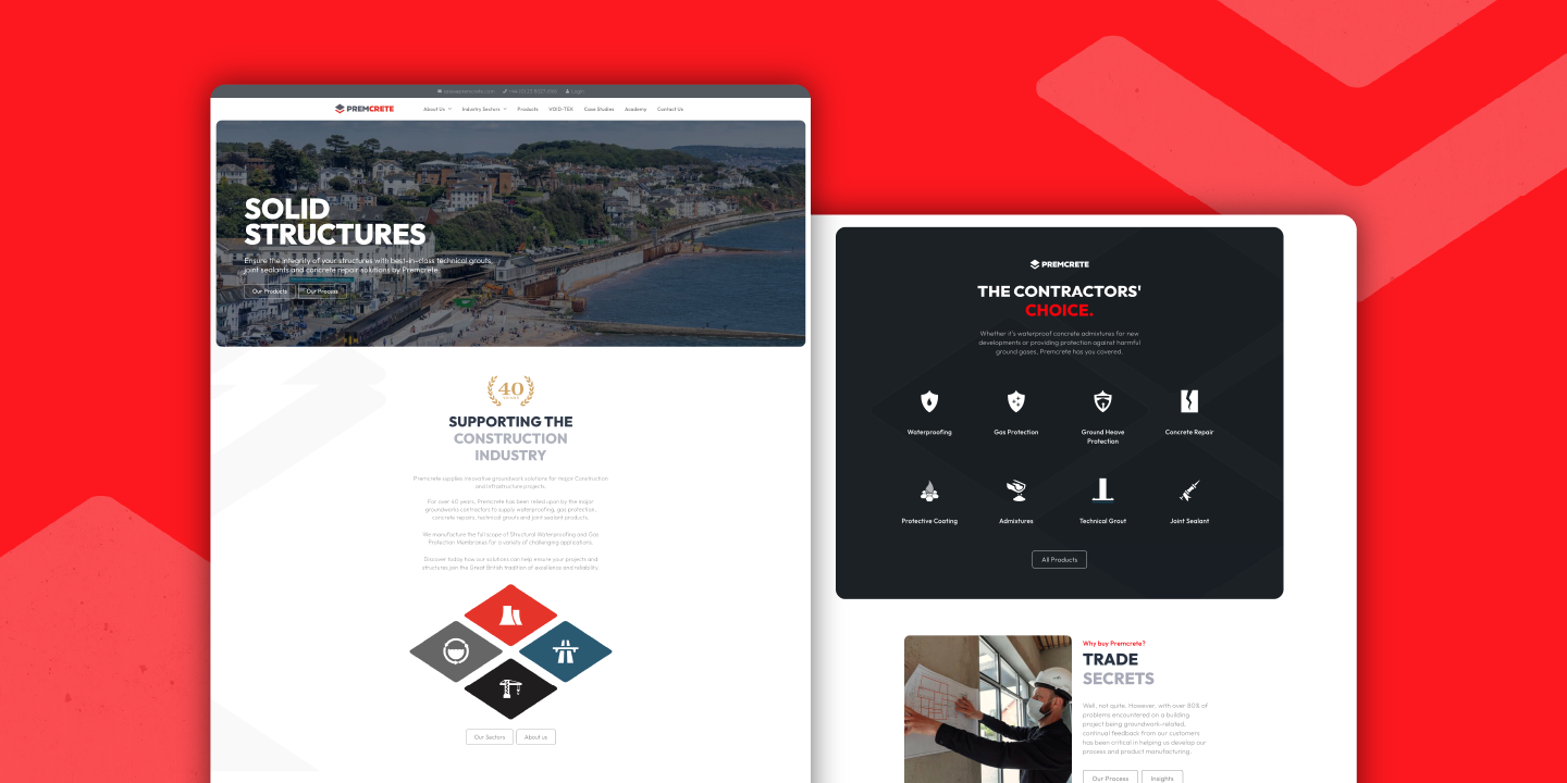 Screenshot of Premcrete website homepage showing construction industry solutions