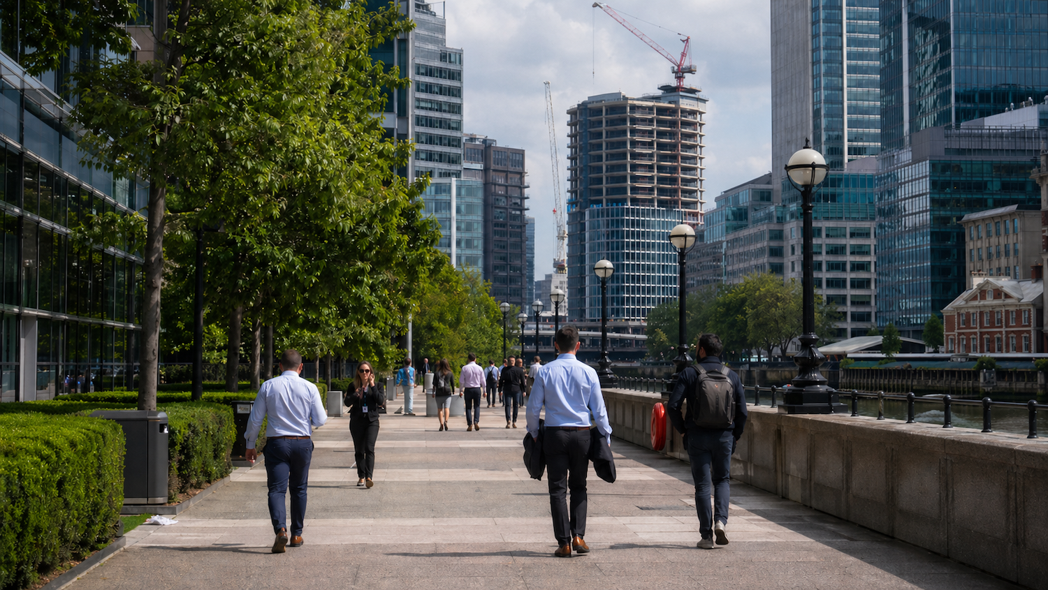People walking along a riverside path in a city with modern buildings and construction cranes