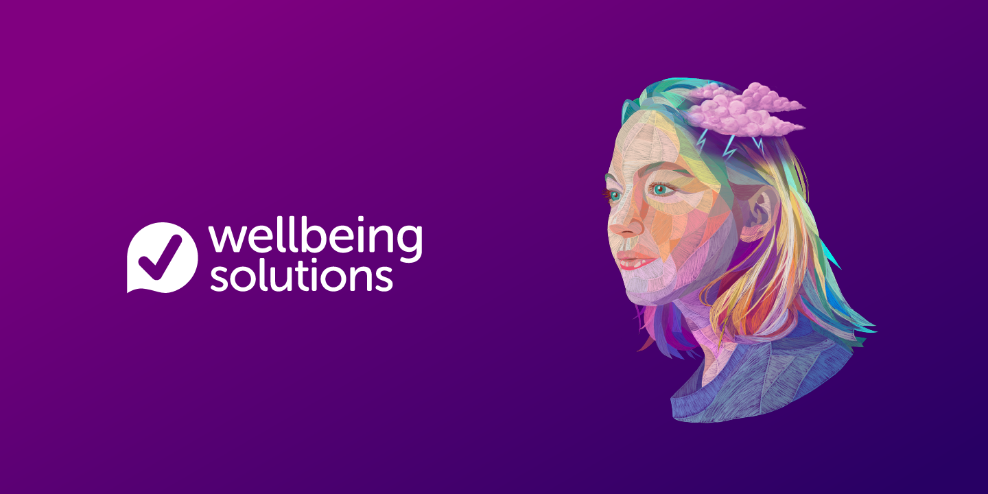 Colorful stylized portrait of a woman with a small cloud above her head on purple background