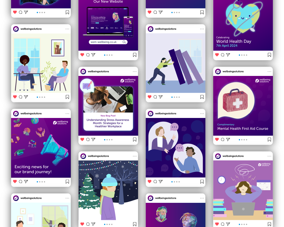 Collage of wellbeing solutions social media posts with illustrations and announcements