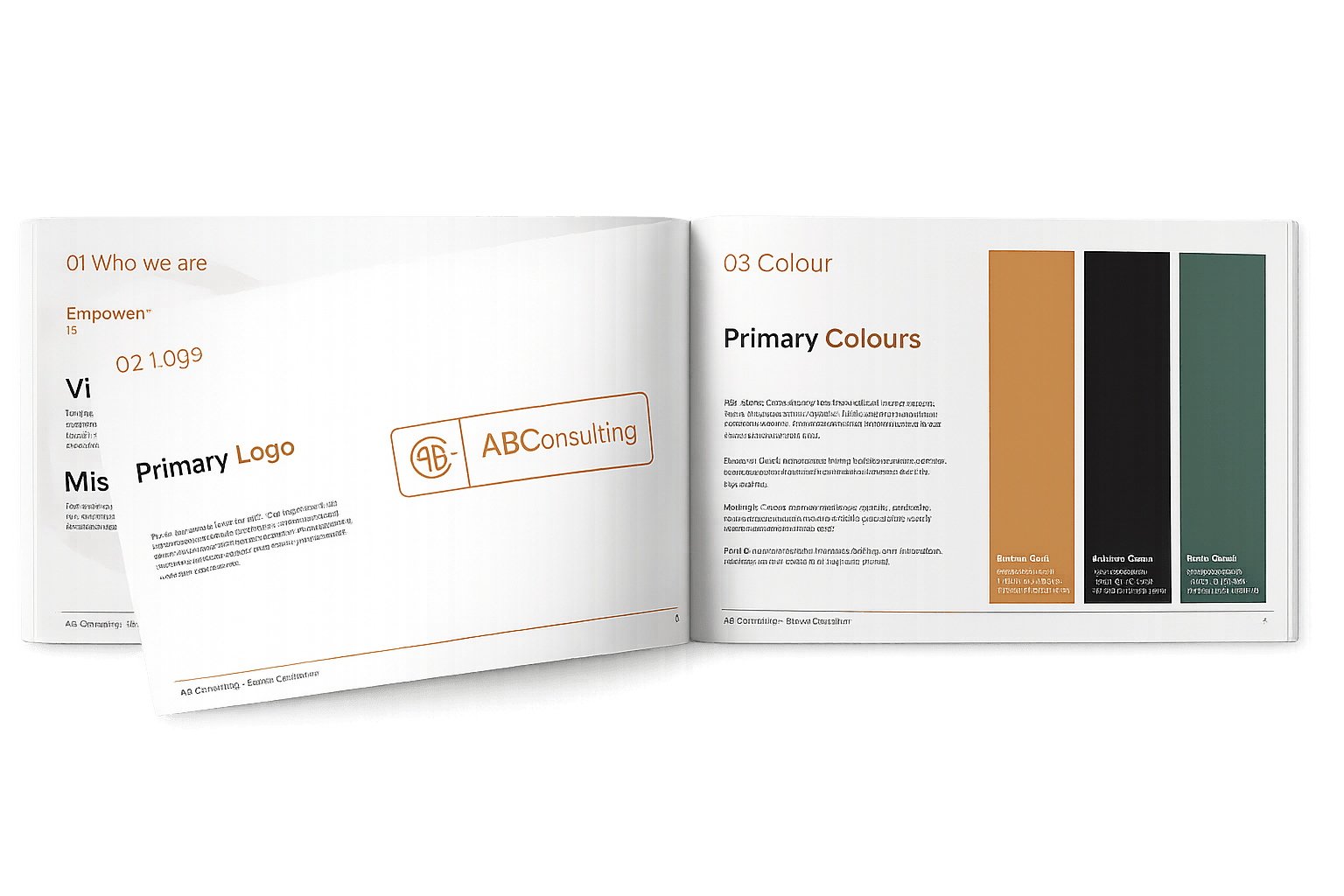 Open brand guidelines booklet showing ABC Consulting logo and primary color palette