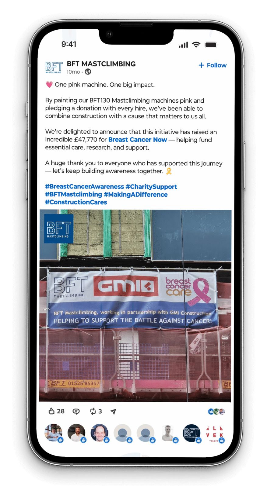 Screenshot of BFT Mastclimbing social media post about raising funds for Breast Cancer Now
