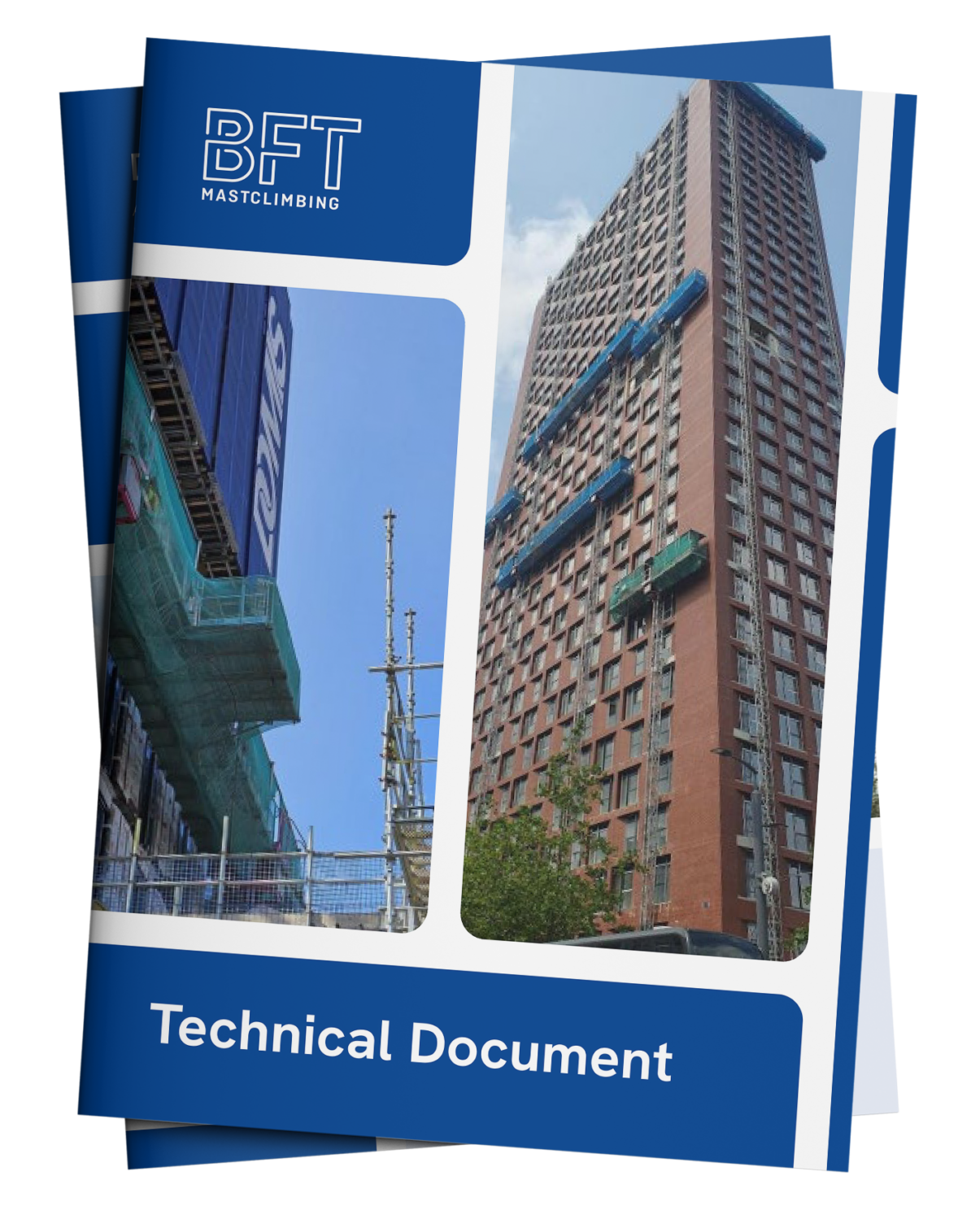 Cover of BFT Mastclimbing technical document with building and scaffolding images