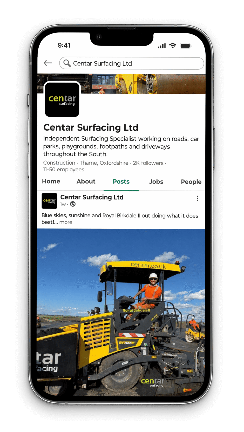Centar Surfacing Ltd LinkedIn profile displayed on a smartphone