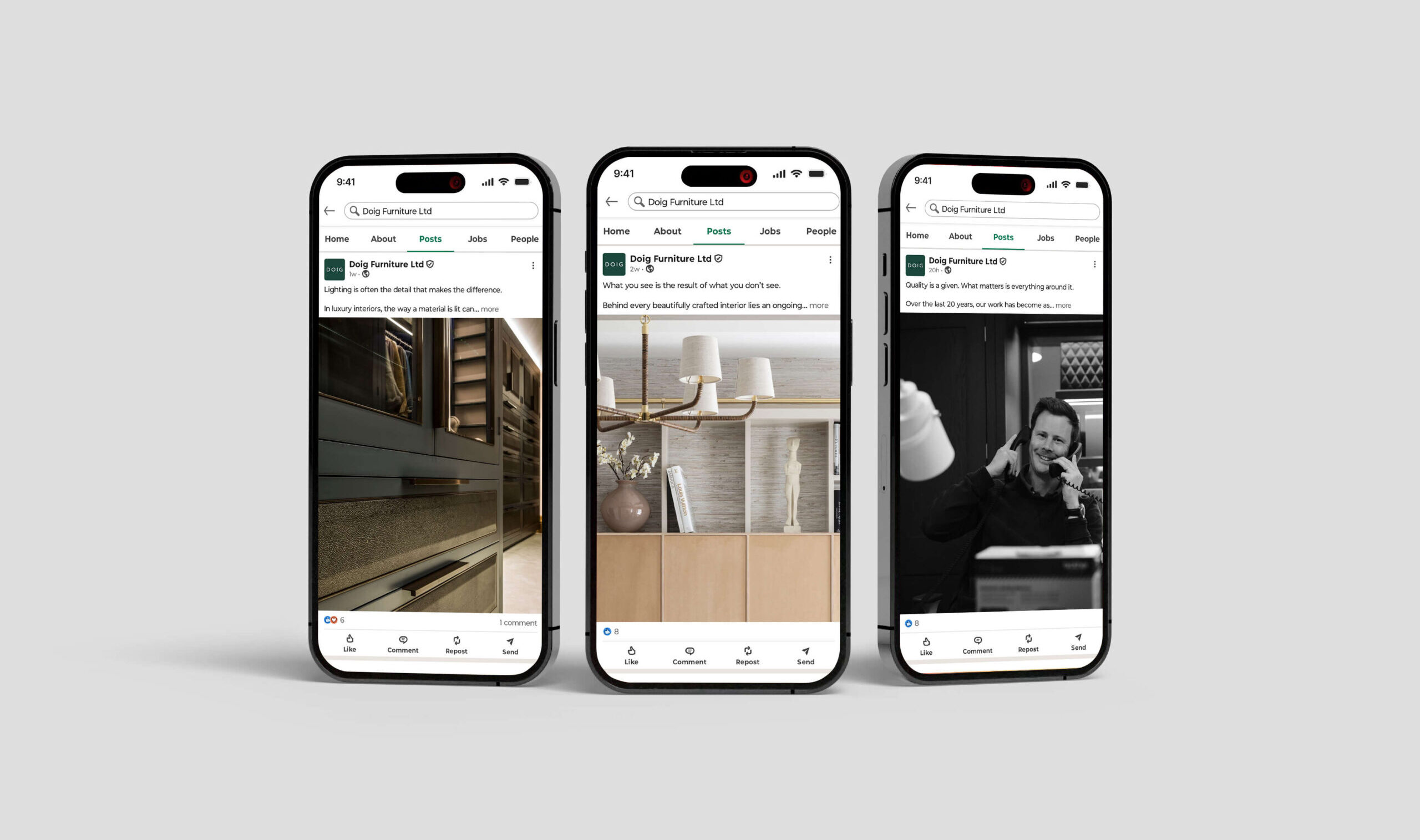 Three smartphones displaying Doig Furniture Ltd social media posts