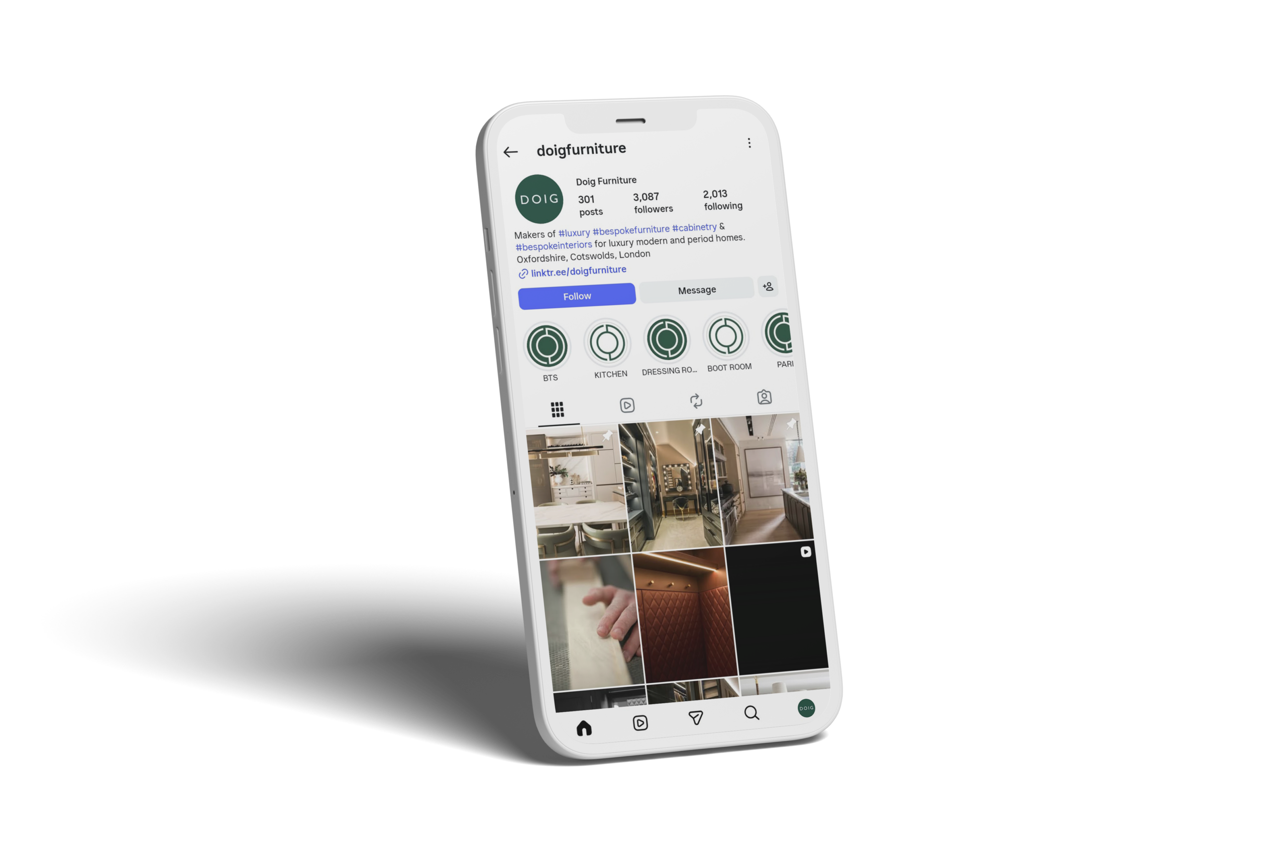 Mobile phone displaying Doig Furniture Instagram profile with posts and highlights