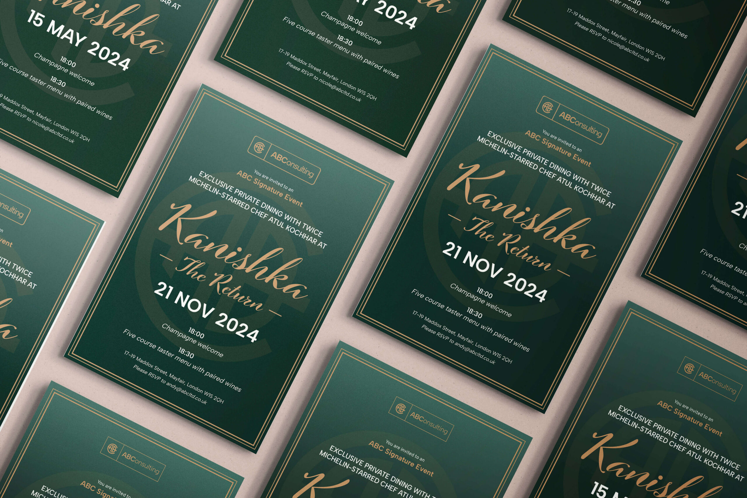 Multiple dark green event invitations for exclusive dining events with chef Atul Kochhar