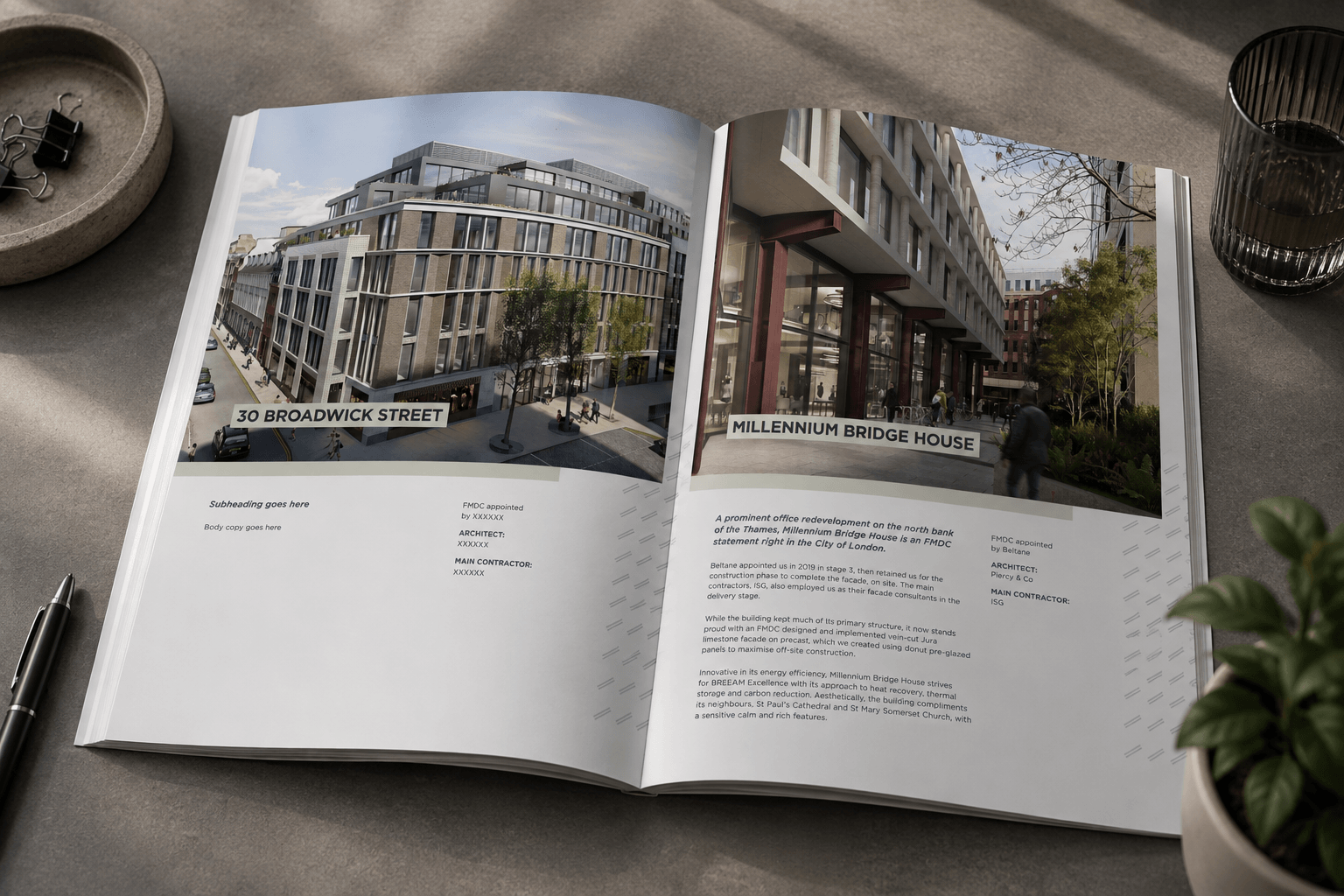 Open magazine showing FMDC project pages with images of 30 Broadwick Street and Millennium Bridge House