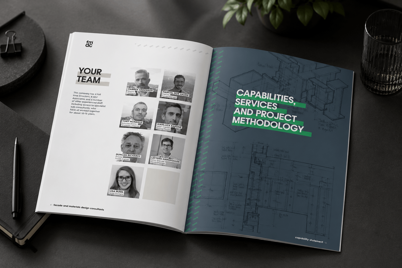 Open FMDC brochure showing team photos and project methodology page