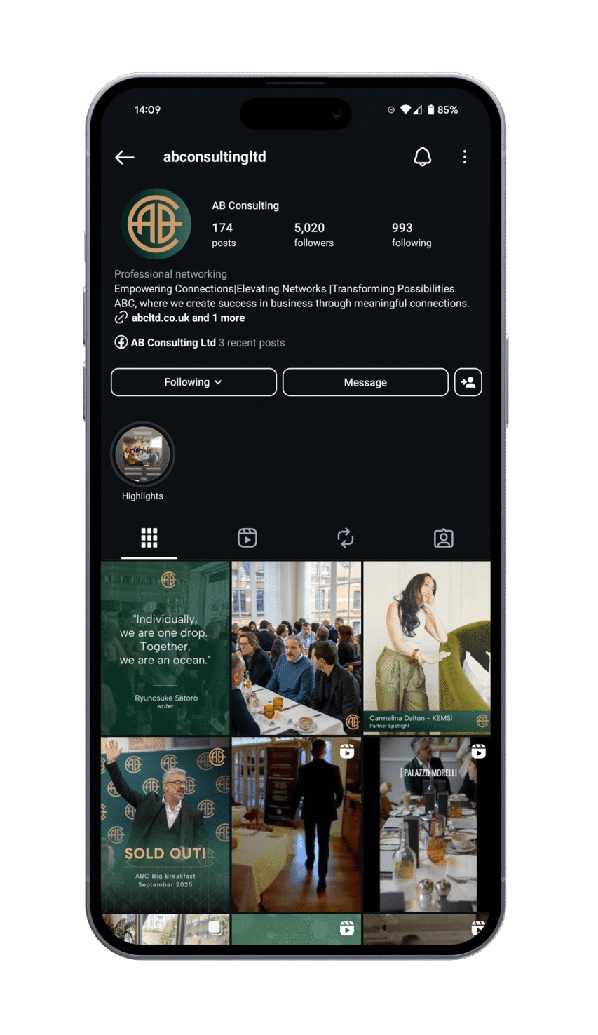 Instagram profile page of AB Consulting Ltd displayed on a smartphone screen.