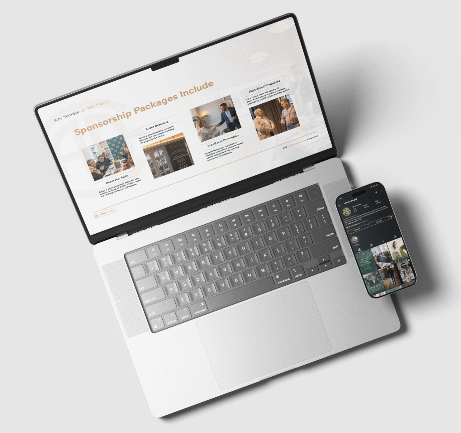 Open laptop displaying sponsorship packages and smartphone showing social media profile on a white surface