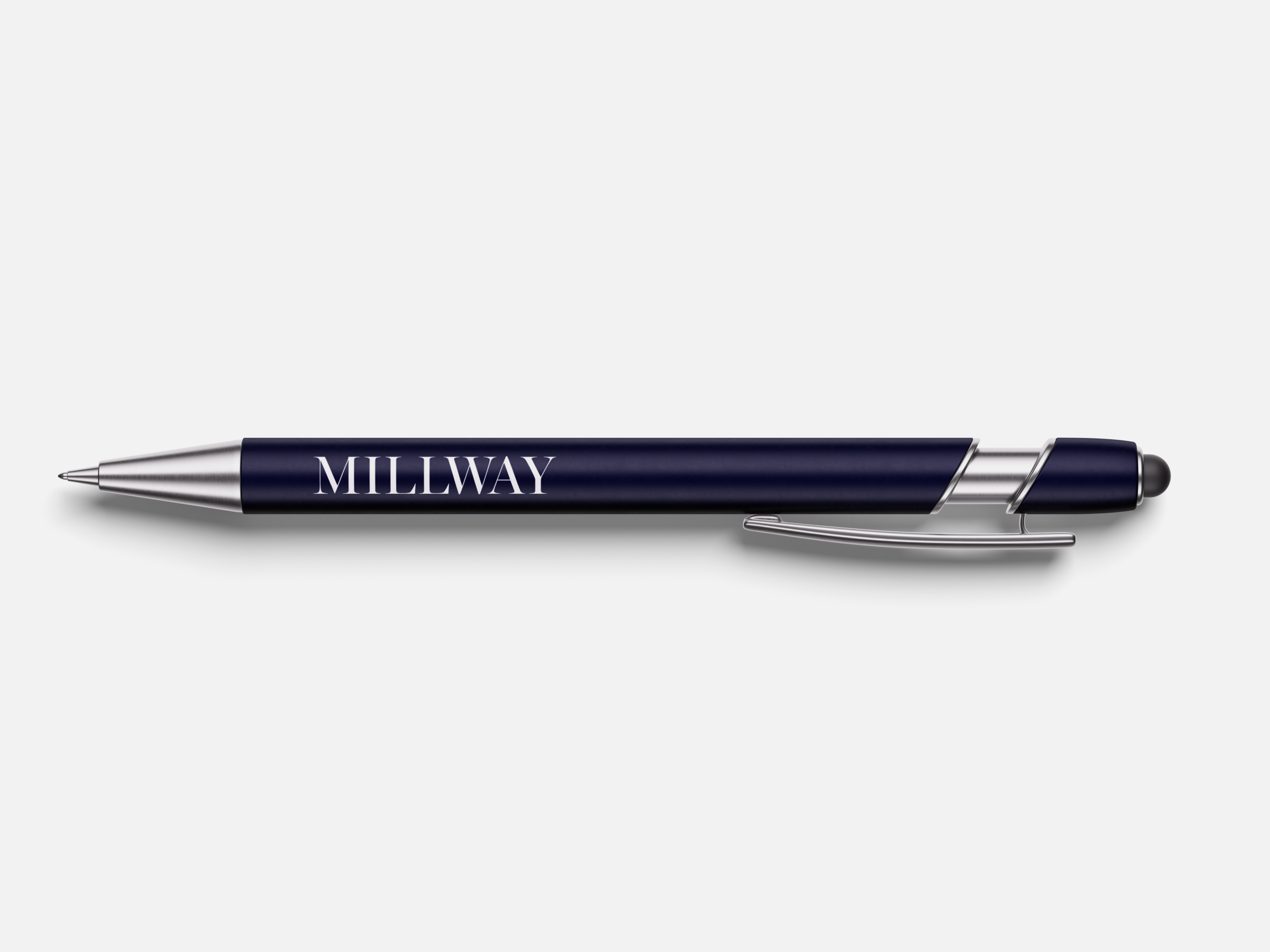 Blue ballpoint pen with silver accents and Millway branding