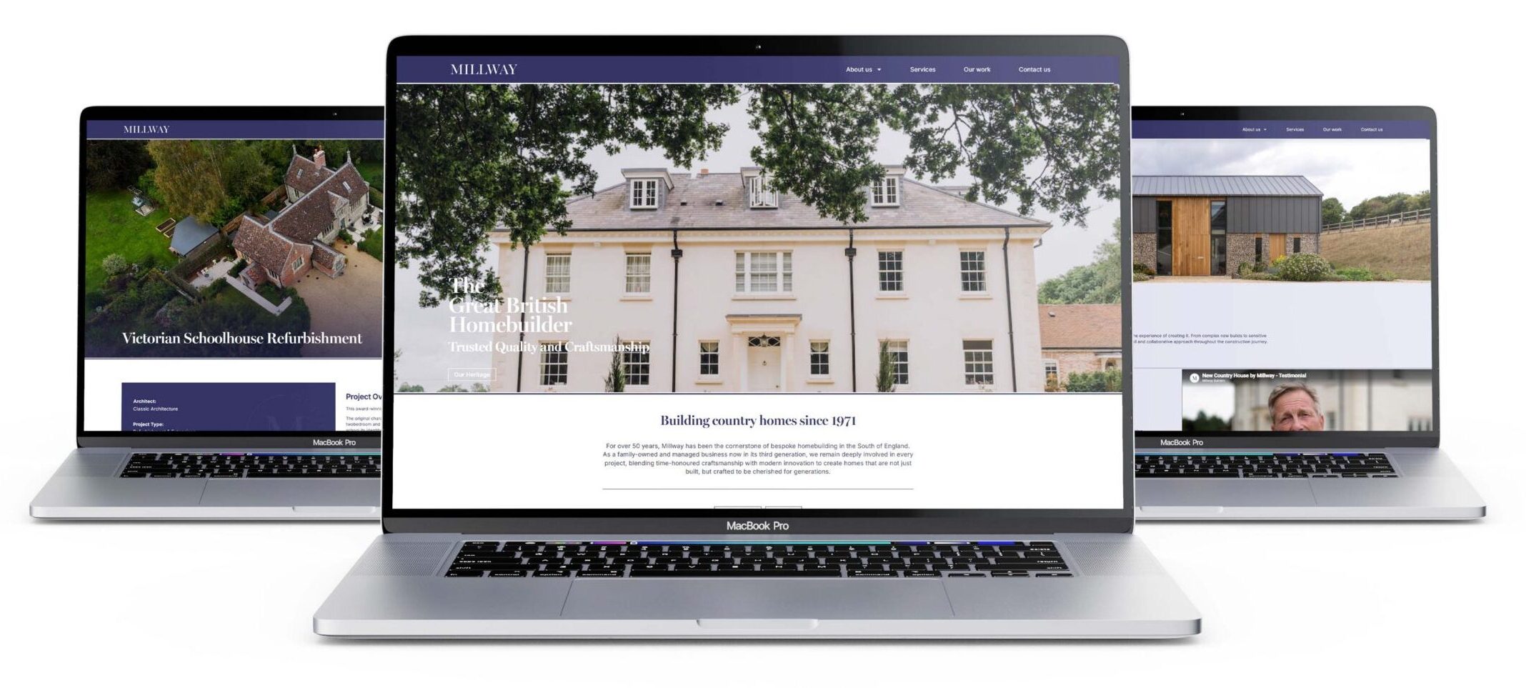 Three laptops displaying different pages of the Millway Builders website