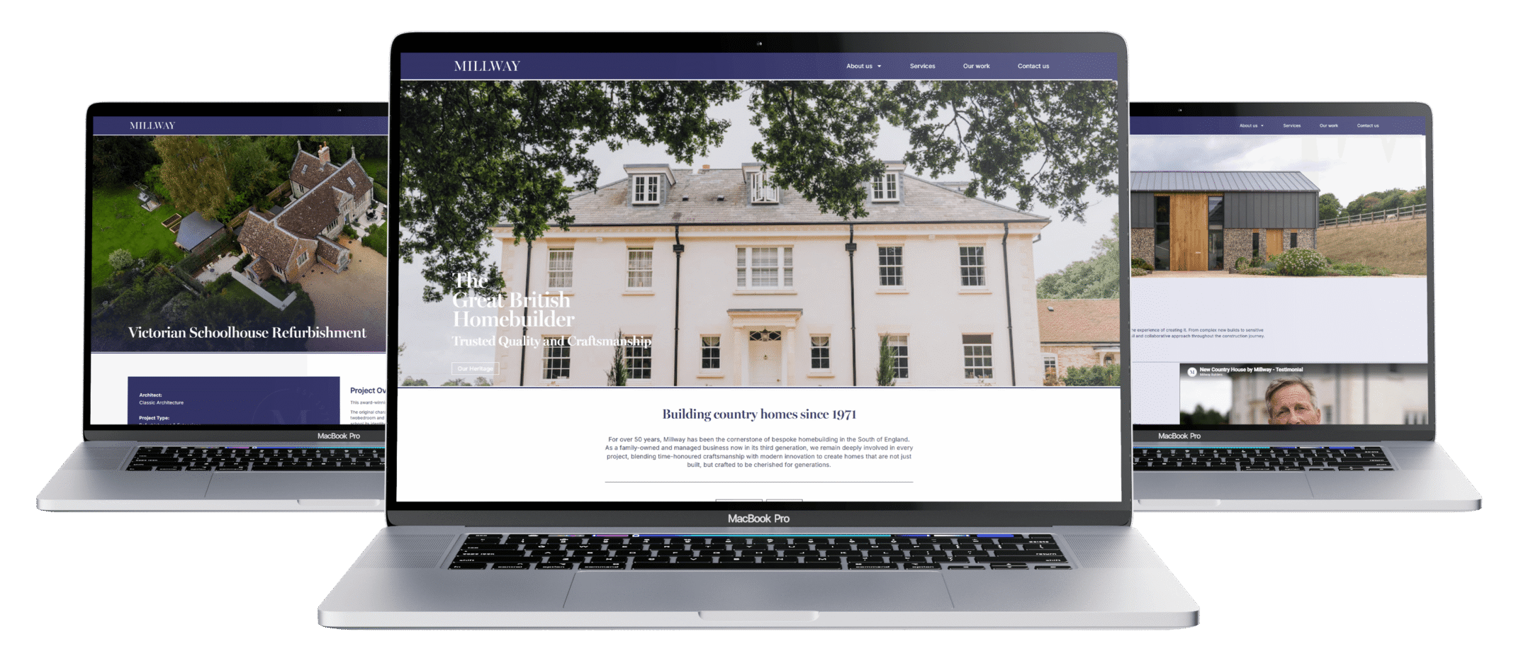 Three MacBook Pro laptops displaying the Millway homebuilding website