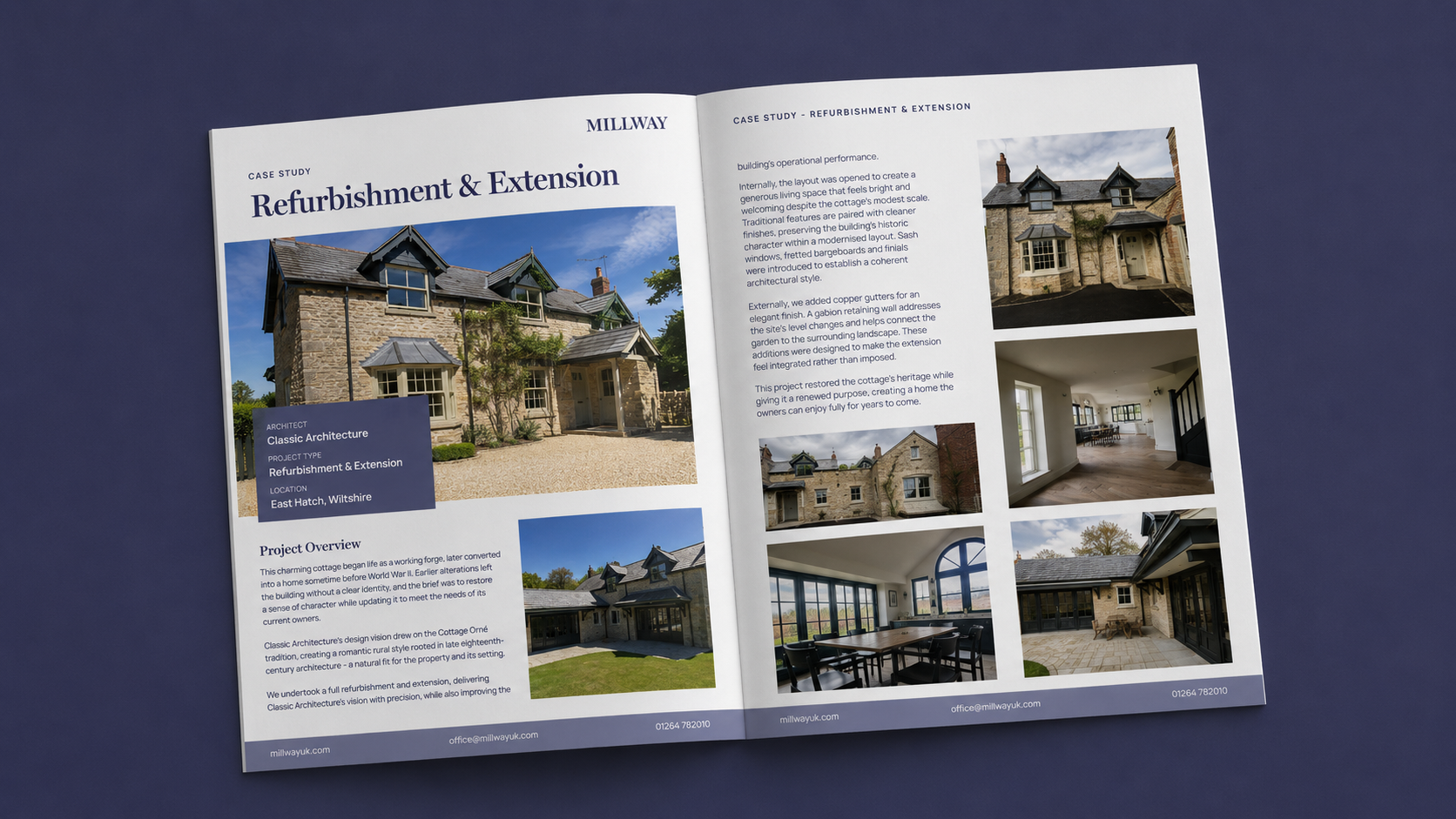 Open magazine spread showing a Millway case study on refurbishment and extension of a stone cottage