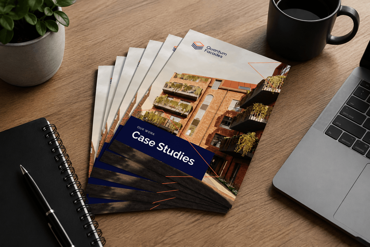 Printed Quantum Facades case study brochures on wooden desk with notebook, pen, coffee, and laptop