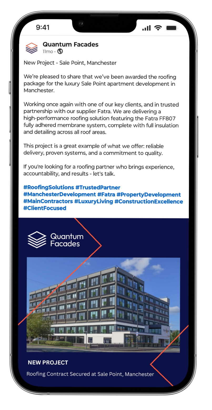 Quantum Facades social media post announcing roofing project in Manchester