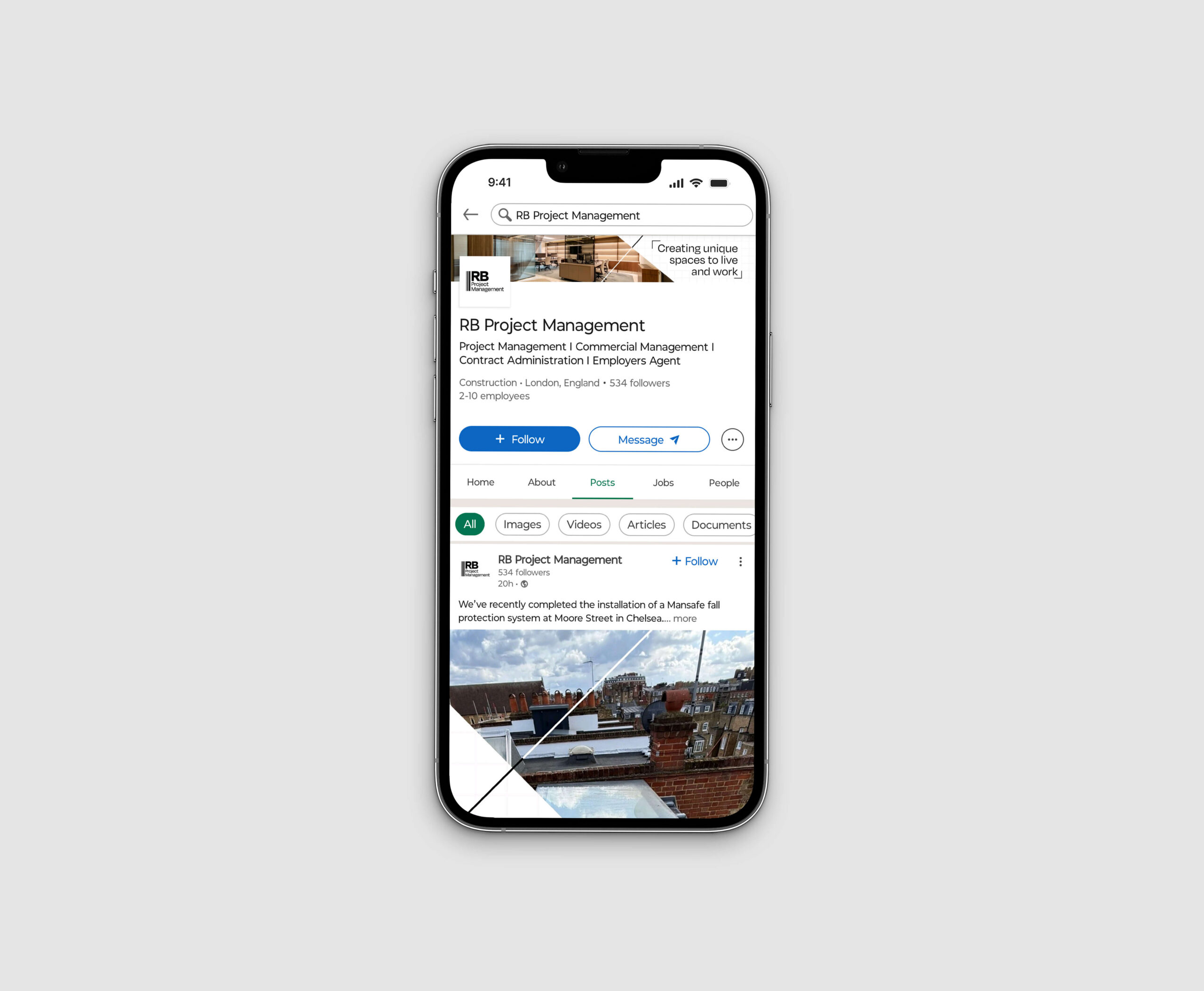 Smartphone displaying RB Project Management LinkedIn profile