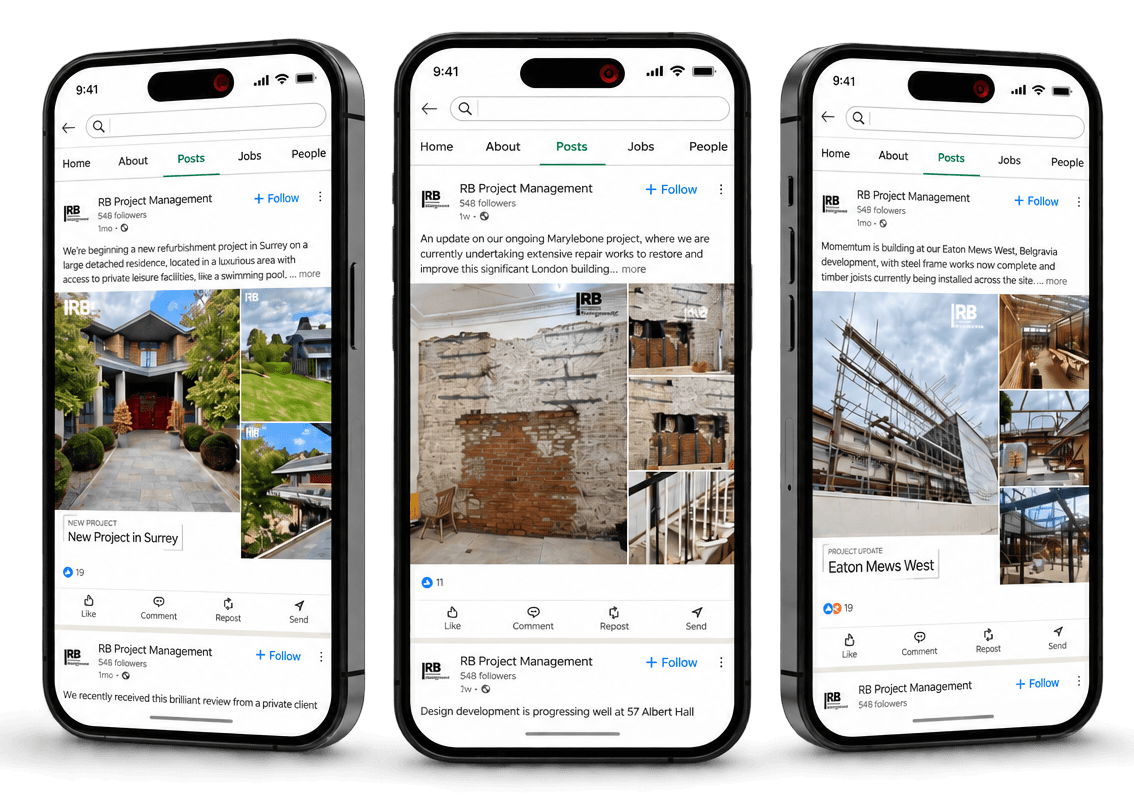 Three smartphones displaying RB Project Management social media posts with project updates and images.