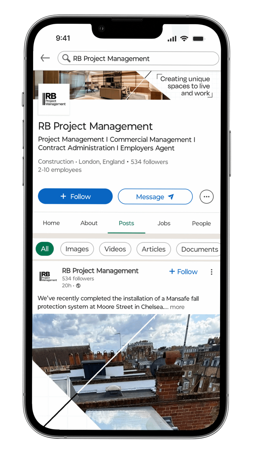 Mobile phone screen showing RB Project Management LinkedIn profile with company details and posts