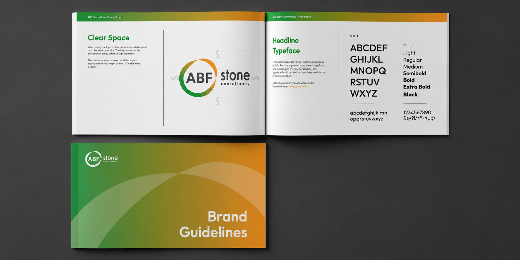 ABF Stone Consultancy brand guidelines booklet showing logo clear space and typography