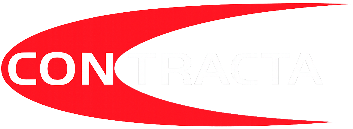 Contracta logo with white text and red curved shape on black background