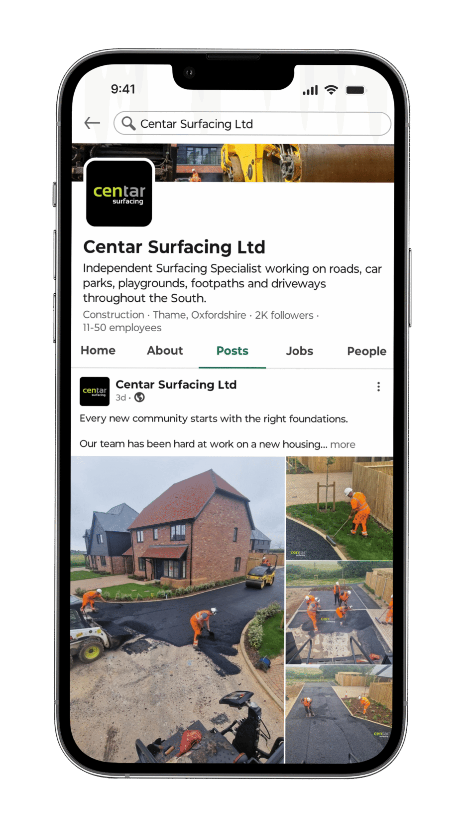 iPhone screen showing Centar Surfacing Ltd LinkedIn page with posts about road surfacing work