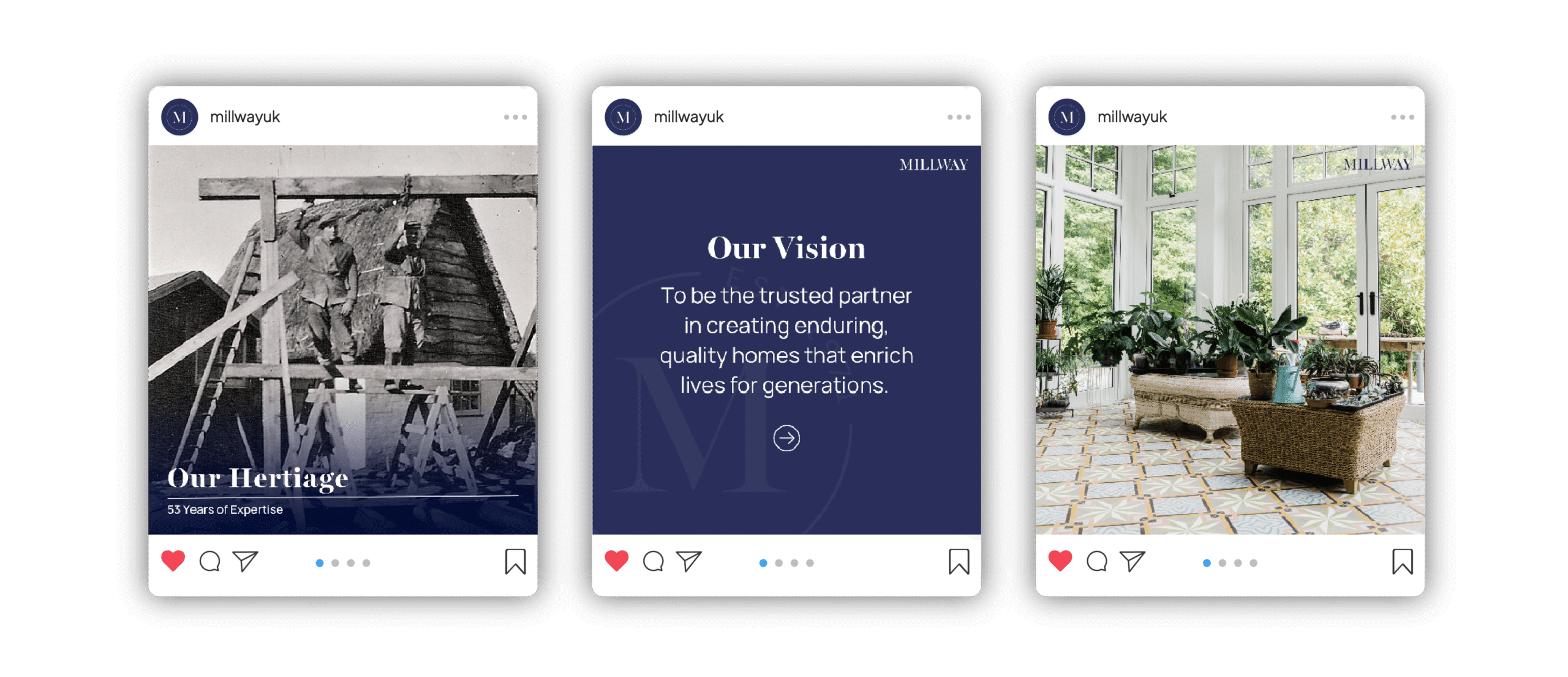 Three social media posts from millwayuk showing heritage, vision statement, and indoor plants in a bright room