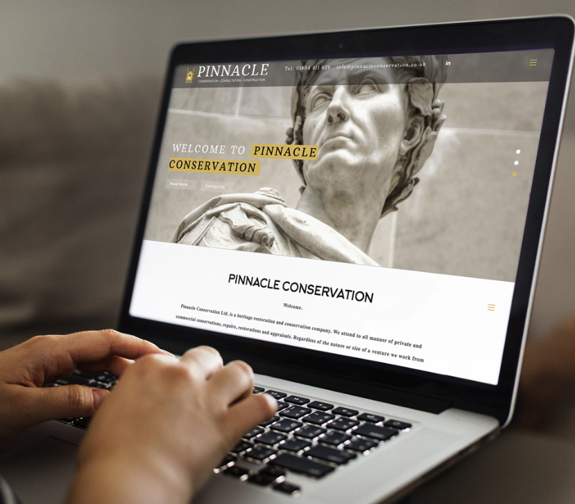 Person viewing Pinnacle Conservation website on laptop showing a classical statue image