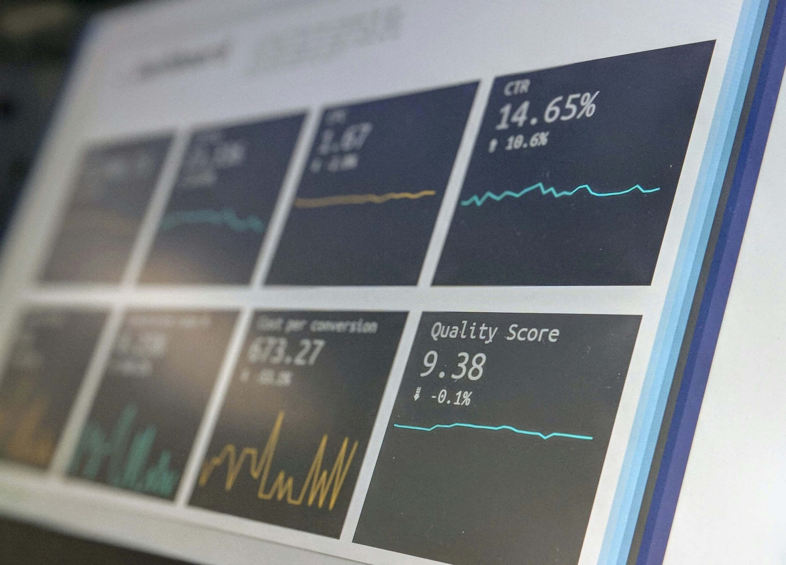 Close-up of a digital SEO quality score dashboard with various performance metrics and graphs
