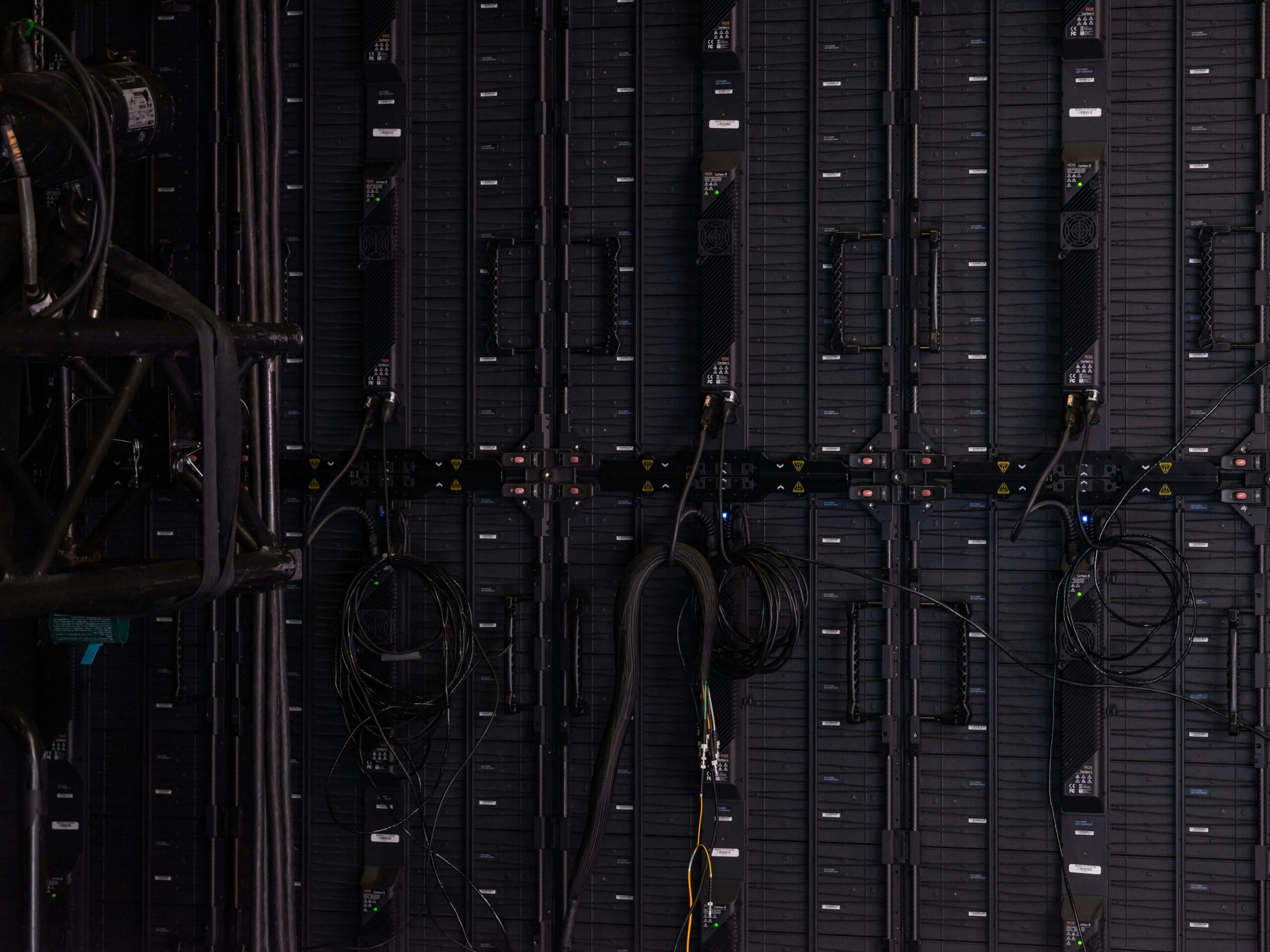 Close-up view of server racks with connected cables in a data center