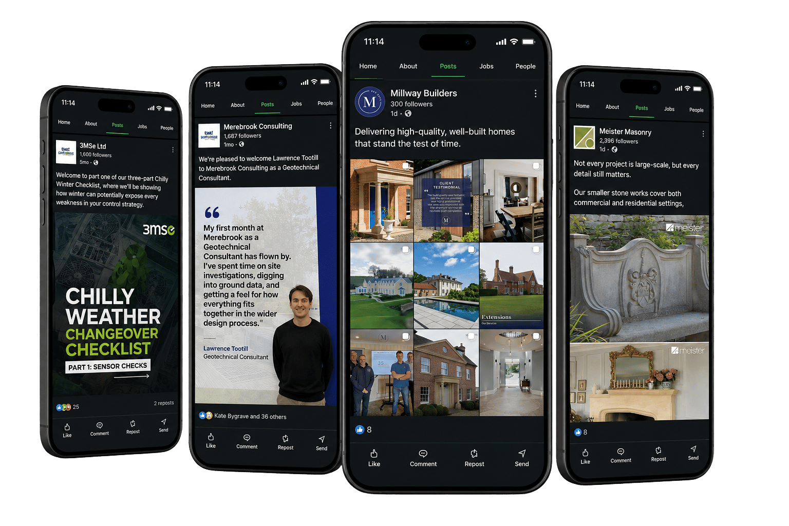 Four smartphones displaying different company social media posts on a dark-themed app interface.
