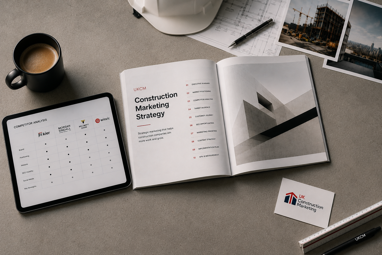 Tablet showing competitor analysis and open booklet titled Construction Marketing Strategy on desk