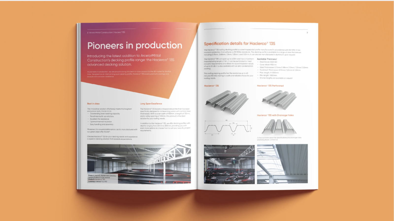 Open brochure showing product details and specifications for Hacierco 135 decking profile
