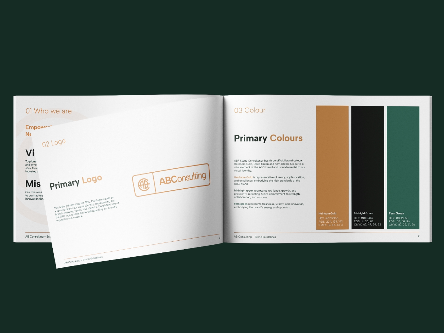 Open brand guideline booklet showing logo and primary brand colours