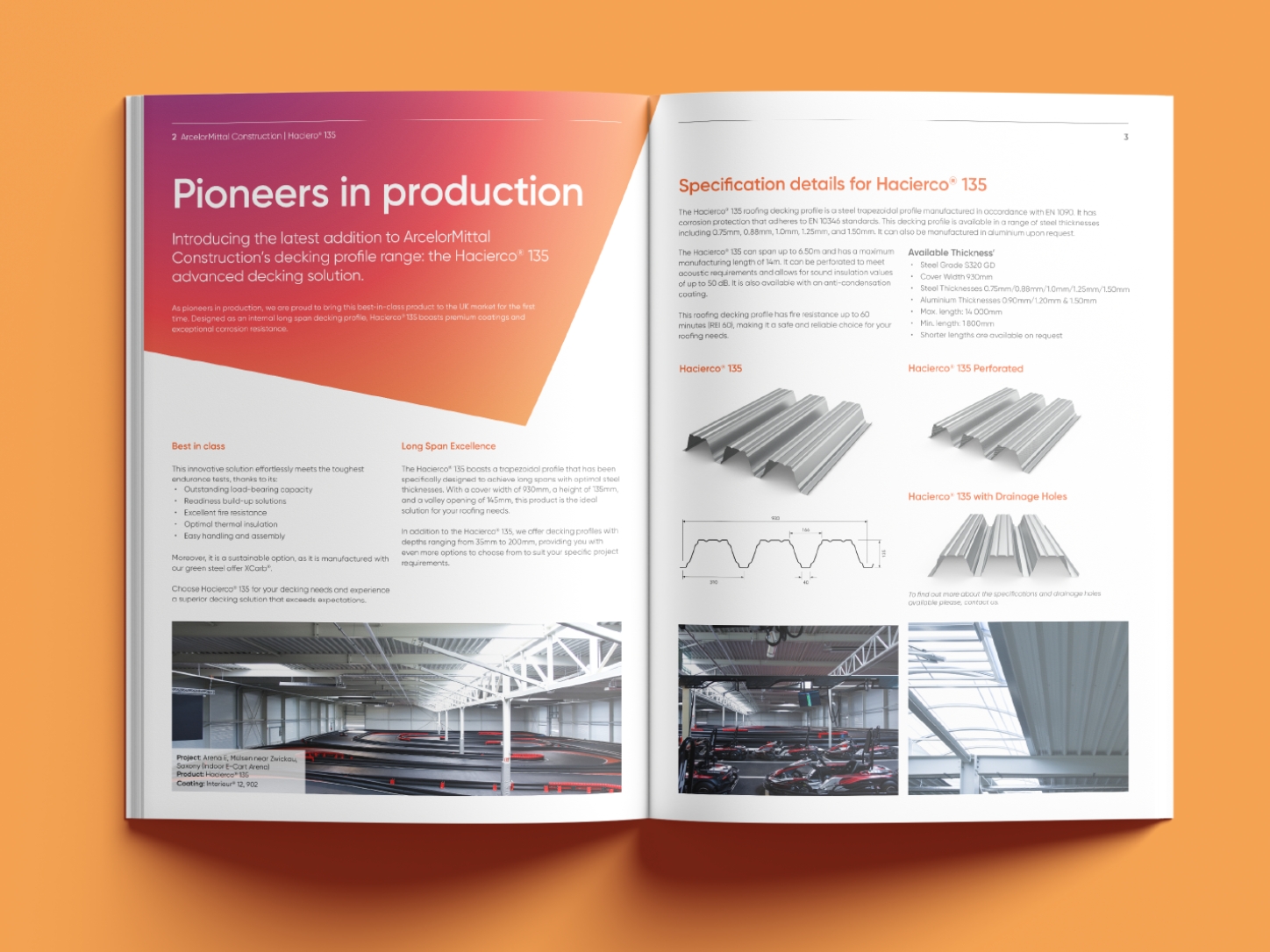 Open brochure displaying details and specifications of Hacierco 135 decking profile